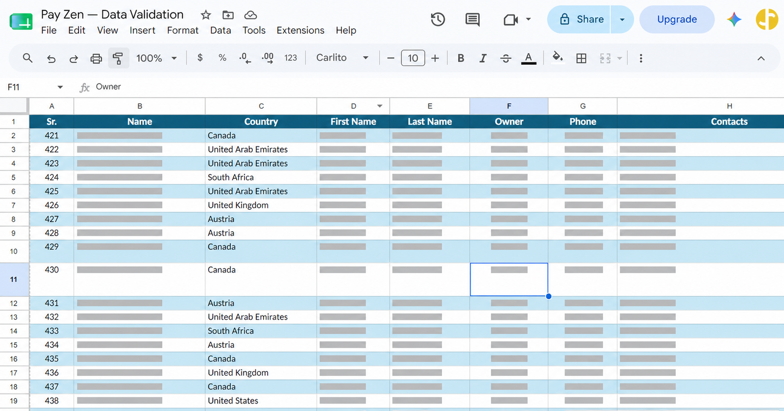 Redacted Pay Zen travel prospect data-validation spreadsheet