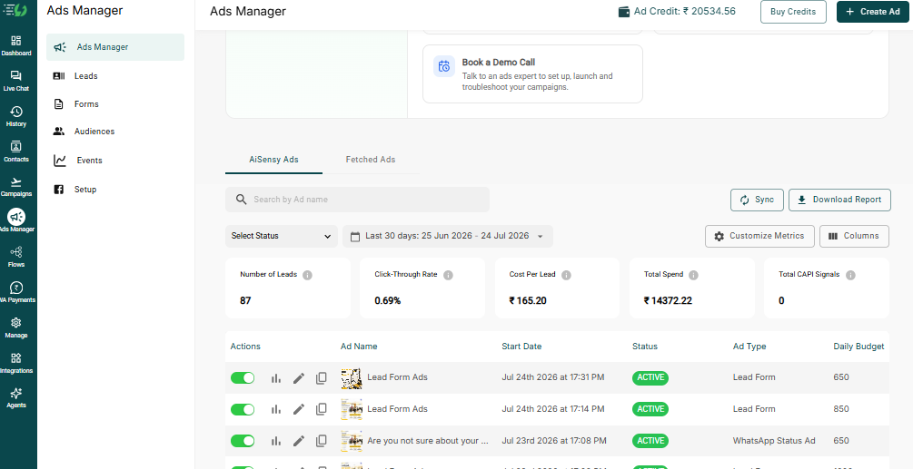 SAACH Academy AI Sensy Ads Manager lead campaign dashboard