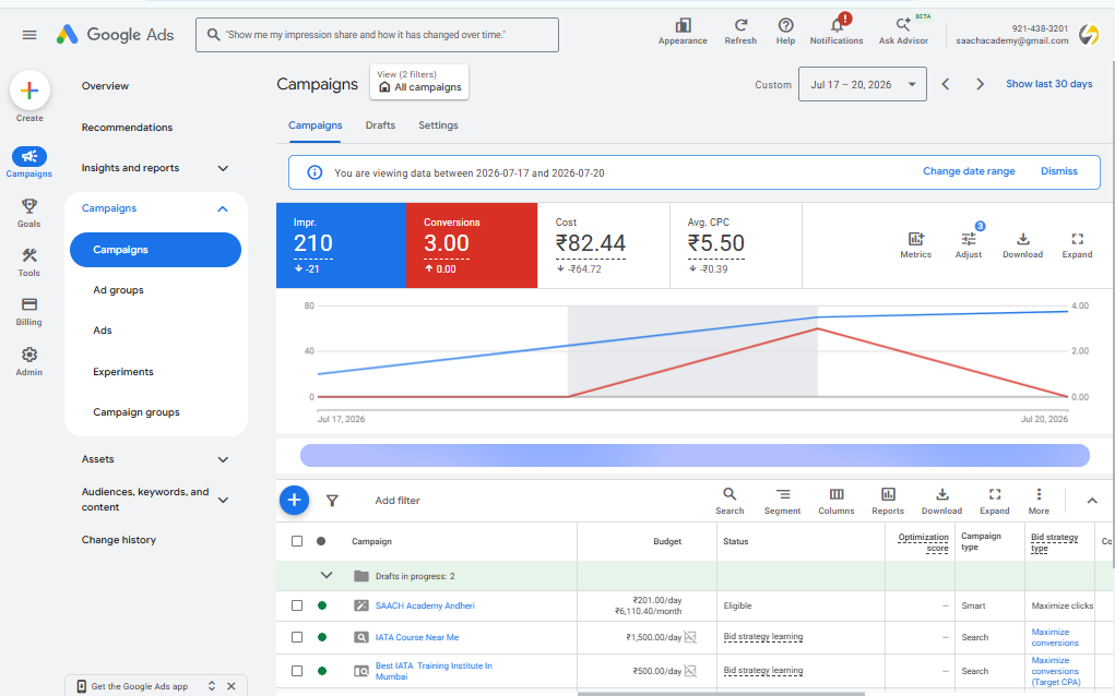 SAACH Academy Google Ads campaign performance dashboard